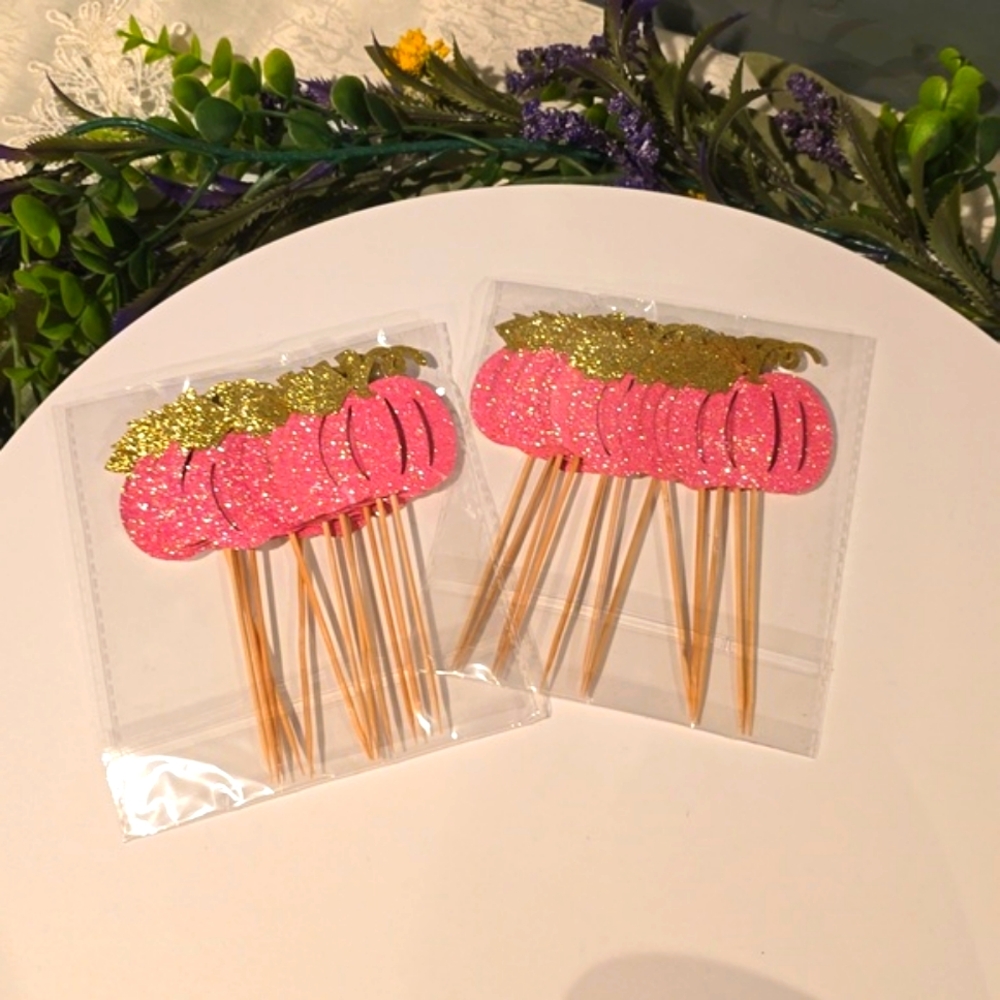 Pink and Gold Glitter Pumpkin Cupcake Toppers Little Pumpkin ( 24 pieces )